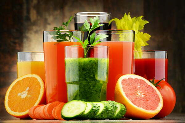 Glasses with fresh organic vegetable and fruit juices. Detox diet